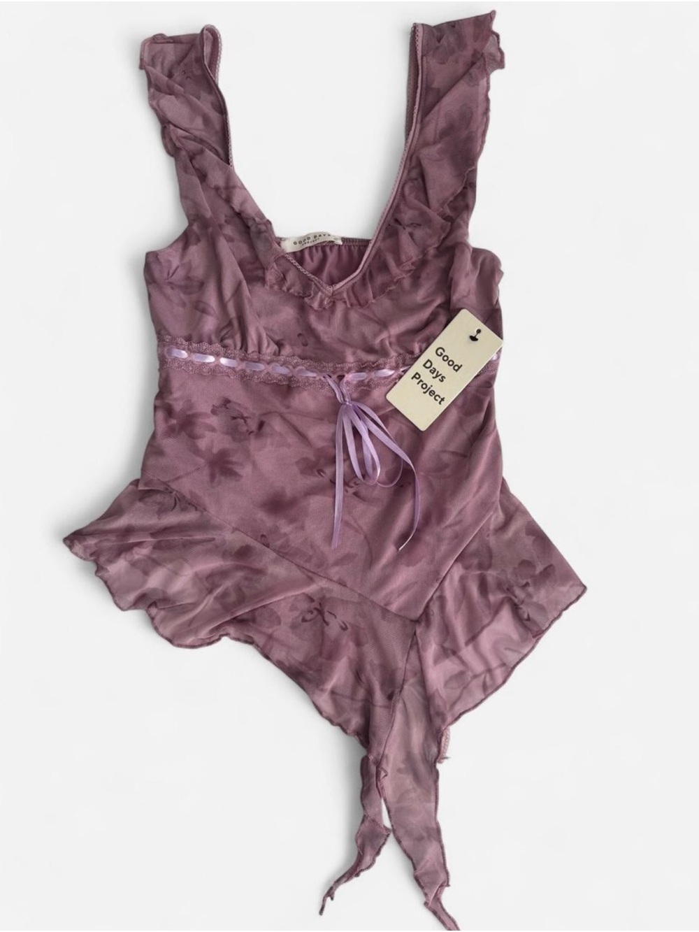 Good Days Project Mesh Floral Ruffle Top - Size L - Purple / Pink Y2K - NWT